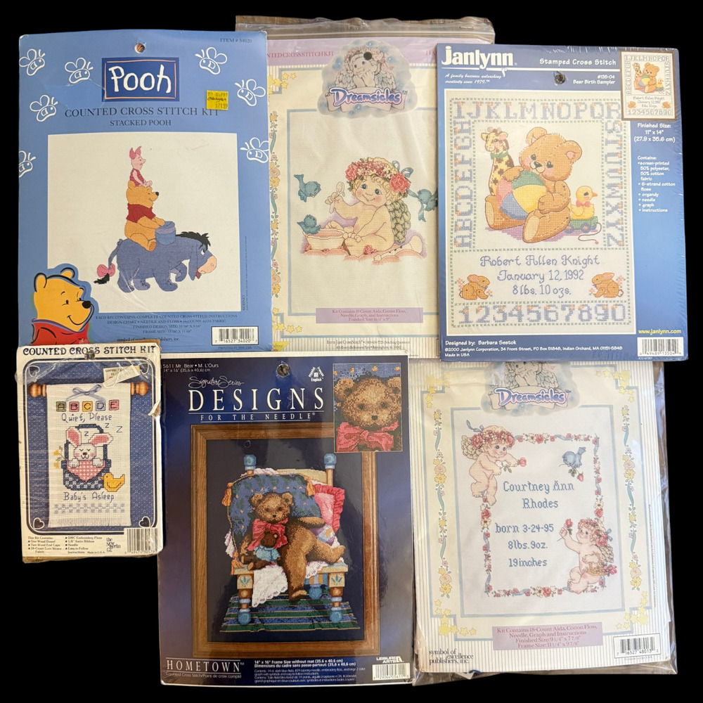 Lot of 6 Baby Cross Stitch Kits Winnie the Pooh Animals Angel Birth Announce NOS